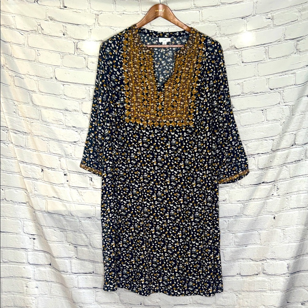 J. Jill Black & Gold Embroidered Floral Print Long Sleeve Dress Size X-Large